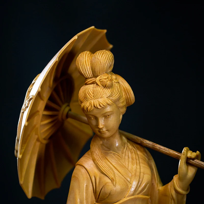 Hand-Carved Wooden Statue of Oriental Woman Returning Home with Umbrella - Exquisite Handmade Decorative Figurine