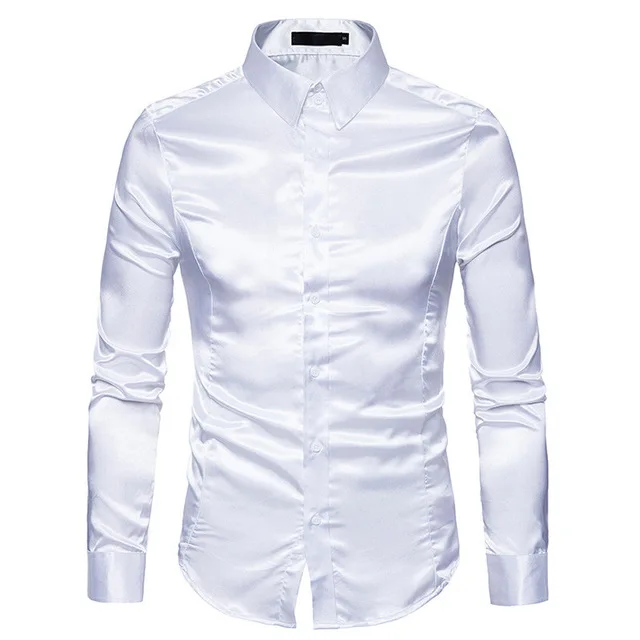 Mannen Zijden Shirt Lange Mouw Revers Single Breasted Zwart Goud Satijn Casual Slim Fit Sociale Formele Man Kleding