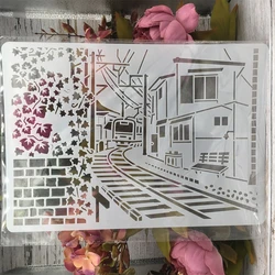 A4 29cm Town Railway Train House DIY Layering Stencils Wall Painting Scrapbook Coloring Embossing Album Decorative Template
