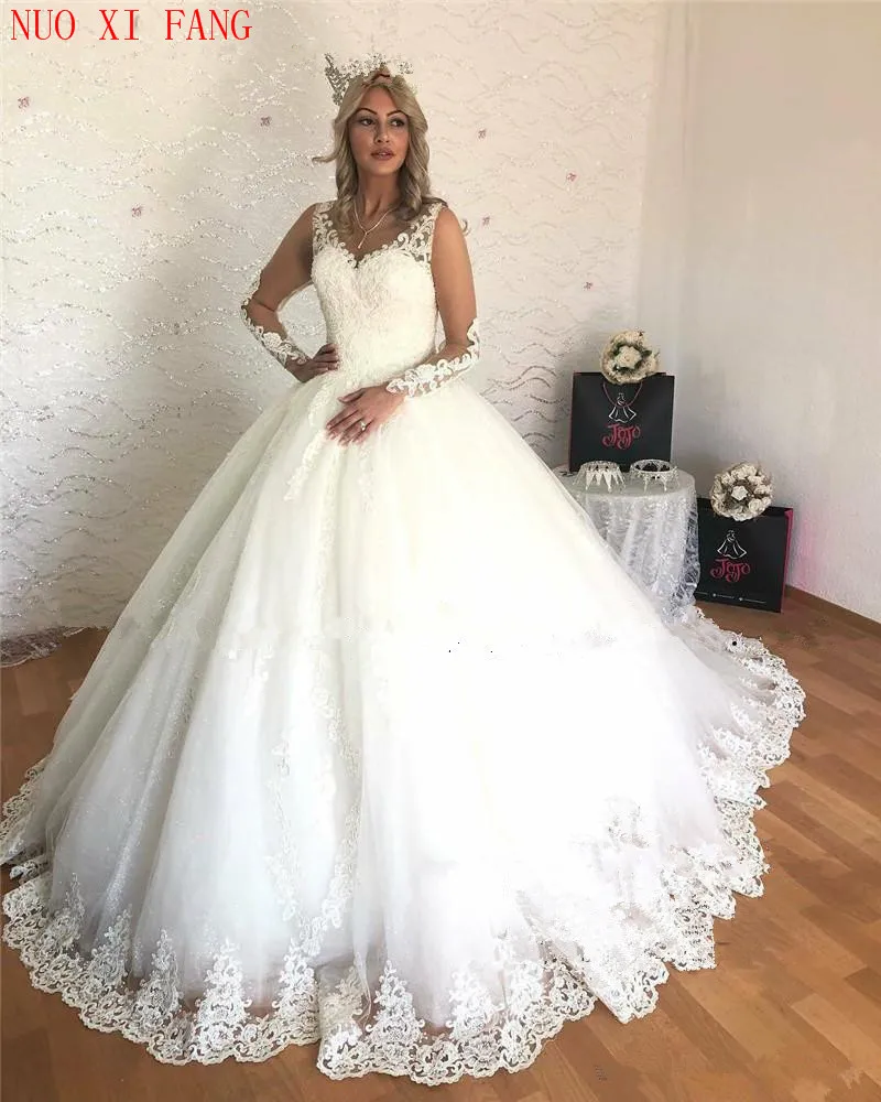 Vestido De baile De princesa vestidos De Novia 2020 ilusión mangas largas blanco hinchado tul Vestido De Novia encaje Appliques saknia slubna