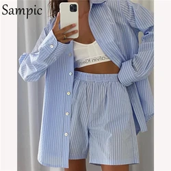 Sampic-Loungewear treino para mulheres, camisa de manga longa, tops soltos, mini shorts altos, shorts listras, conjuntos de 2 peças, 2021