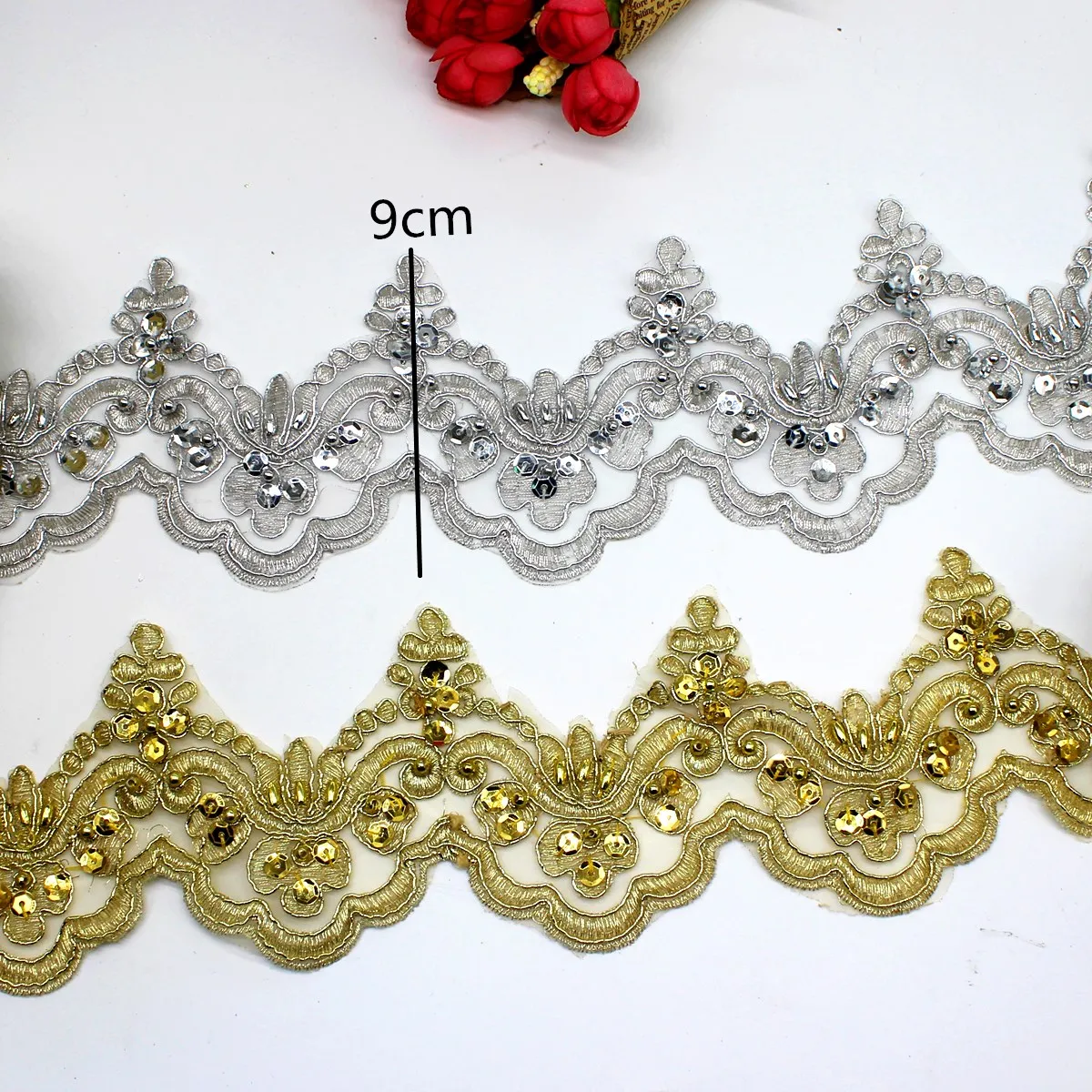 1 Yard Gold Embroidery Lace Sequined Beading Lace Fabric For Dress 3D Floral Embroidered Scalloped Bridal Lace Applique 9CM