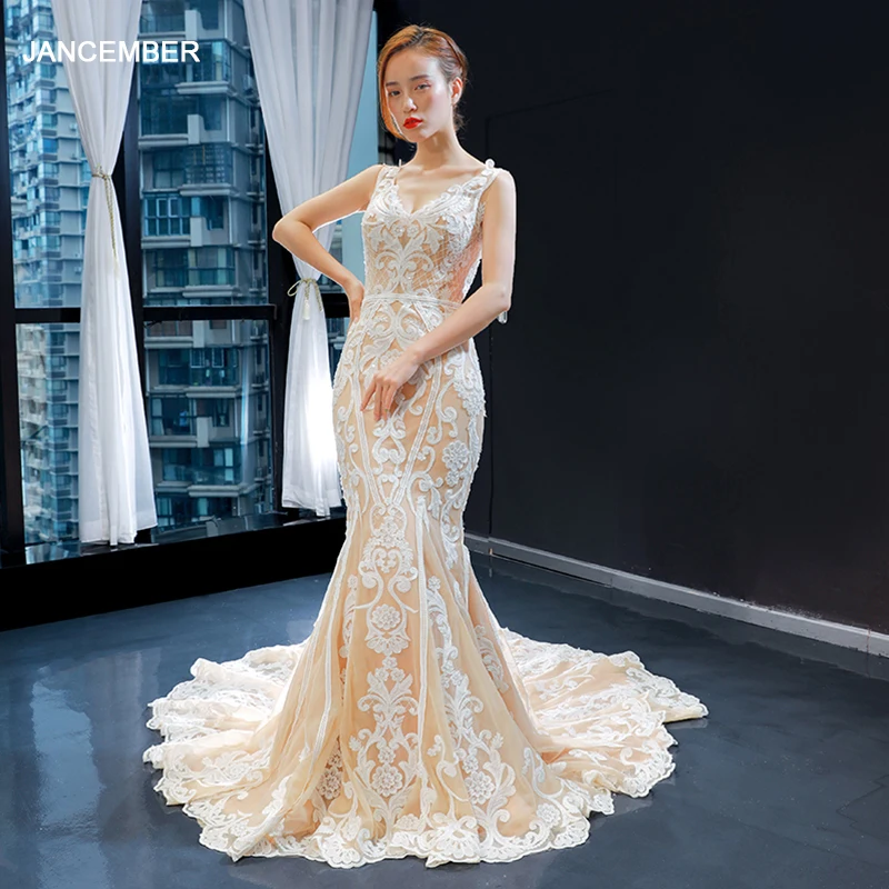 J66937 Jancember Nàng Tiên Cá Váy Cưới Với Xù V Không Tay Cổ Hoa Văn Ren Kèn Trumpet Đầm Cô Dâu Đầm Vestido De Noiva Sereia