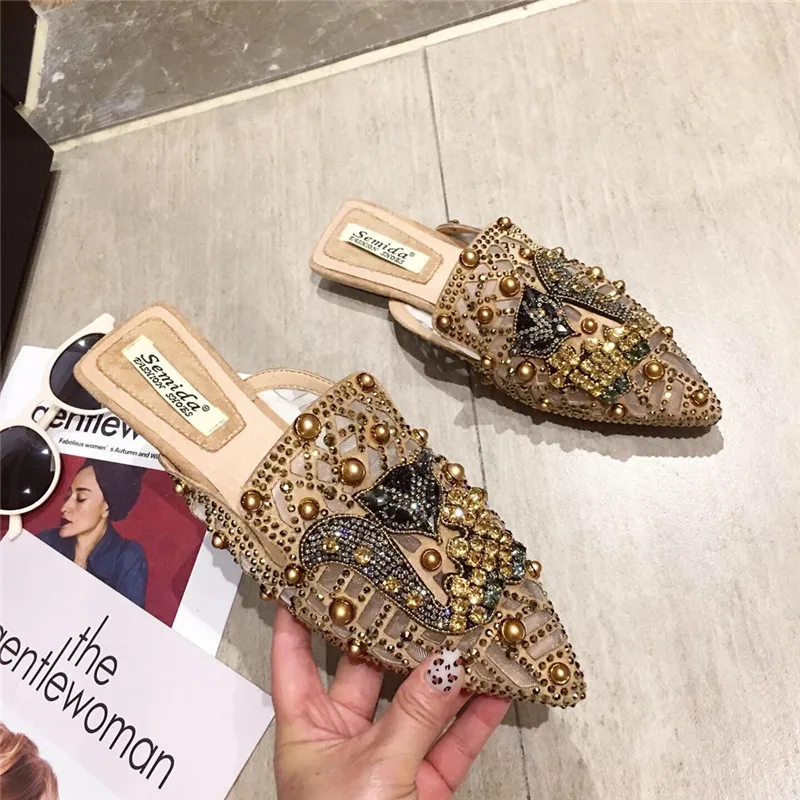 Slippers for Women Pointed Toe Summer Flats Slip-on Mules Backless Loafers Luxury Design Shoes Low Heel Rhinestone Bling Pumps