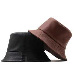 Simple Leather Bucket Hat Women Reversible Pu And Cotton Soild Sun Hat Fashion Bob Panama Autumn Waterproof Girl Fisherman Hat