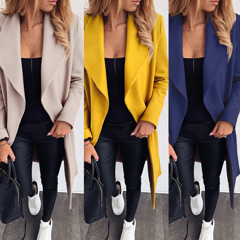 Autumn Winter Women\'s Coat  Solid Color Long Sleeve Lapel Woolen Cardigan Warm Midi Trench Coat Single-Breasted Women\'s Jacket