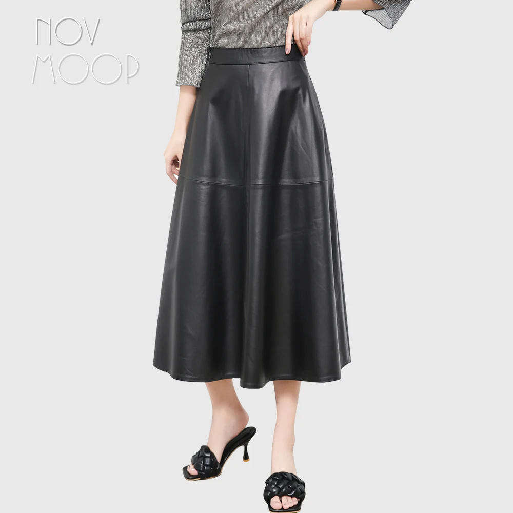 Novmoop genuine leather sheepskin long A line lolita women skirt elegant graceful style side pocket back zipper closure LT3355