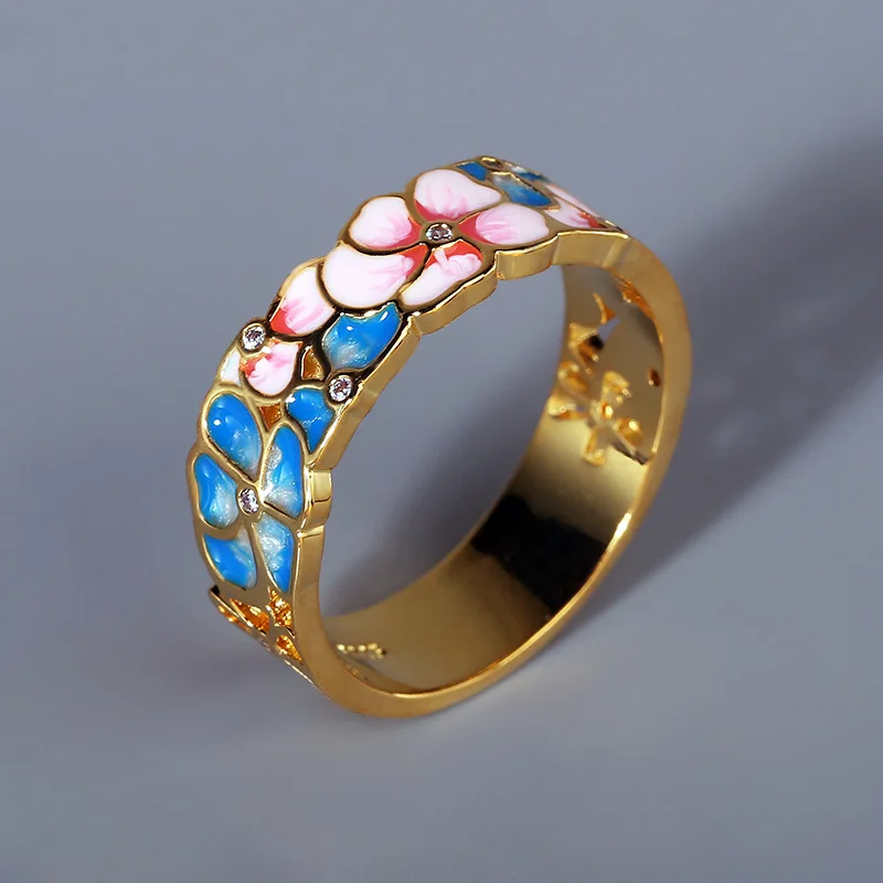 925 Silver Exquisite and Elegant Flower Enamel Drop Silver Female Ring Pink Blue Epoxy Engagement Wedding Jewelry