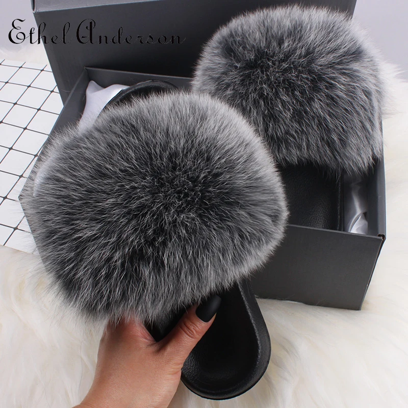 ETHEL ANDERSON New Luxury Fur Slide Real Fox Racoon Fur Slippers Women Home Fluffy Sliders Women Fashion Plush Fluffy Fur Slides