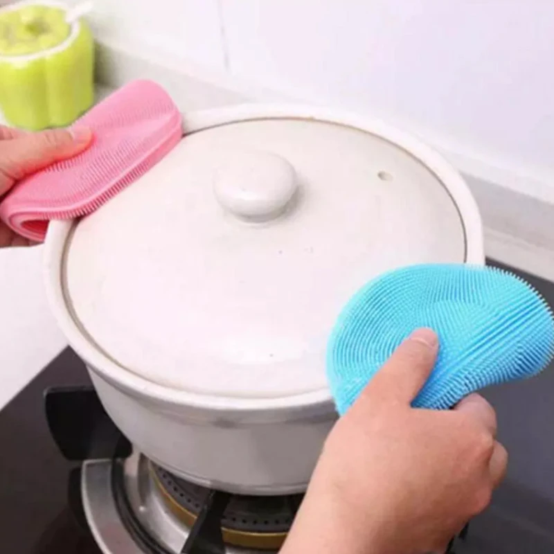 Silicone Kitchen Cleaning Brush Dishwashing Brush Fruit Vegetable Cleaning Brushes Pot Pan Sponge Scouring Pads Cleaning Tools