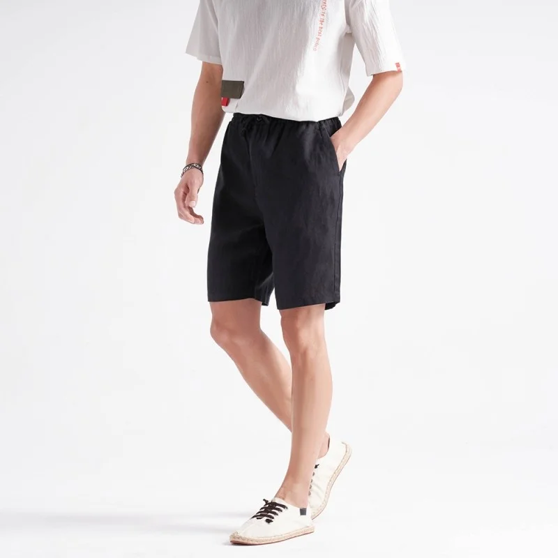 Summer Mens Knee Length Shorts Stretchy Drawstring Linen Men Casual Beach Trousers Jogger Loose Sweatpants Harajuku Home Shorts