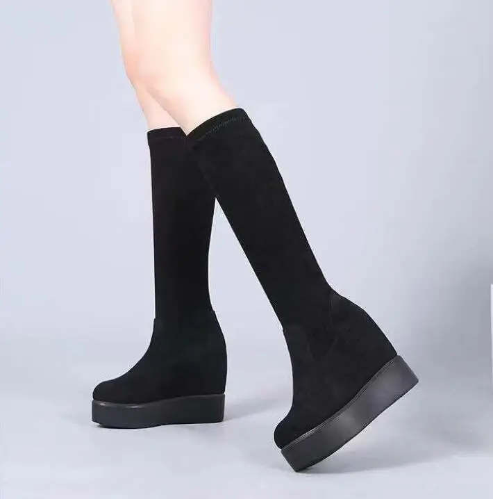 Autumn Winter Warm Wedges Knee High Boots Inner Increase Women's Round Toe Elastic Boots Long Tube Muffin Bottom Female Shoes