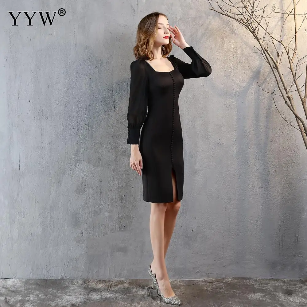 New Vintage Black Short Evening Dresss Side Slit Women Sexy Long Sleeve Solid Bodycon Short Party Dresses Femme Vestidos