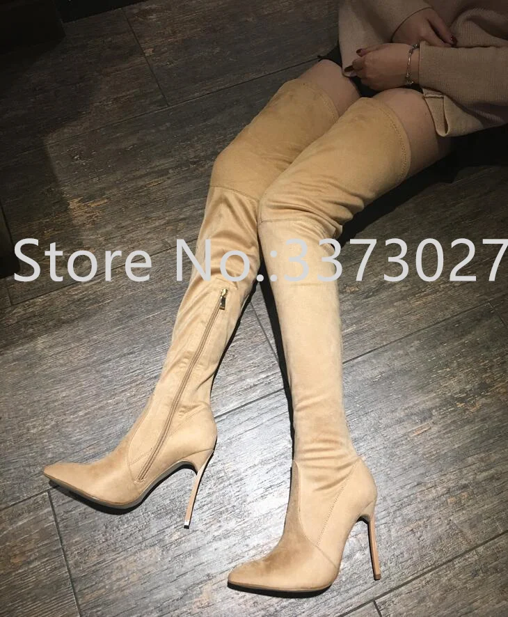 Brown Suede Metal Heel Woman Long Boots Sexy Nude Color Thin Legs Thigh High Boots Lady Sexy Party Shoes Dropship Knee Boots