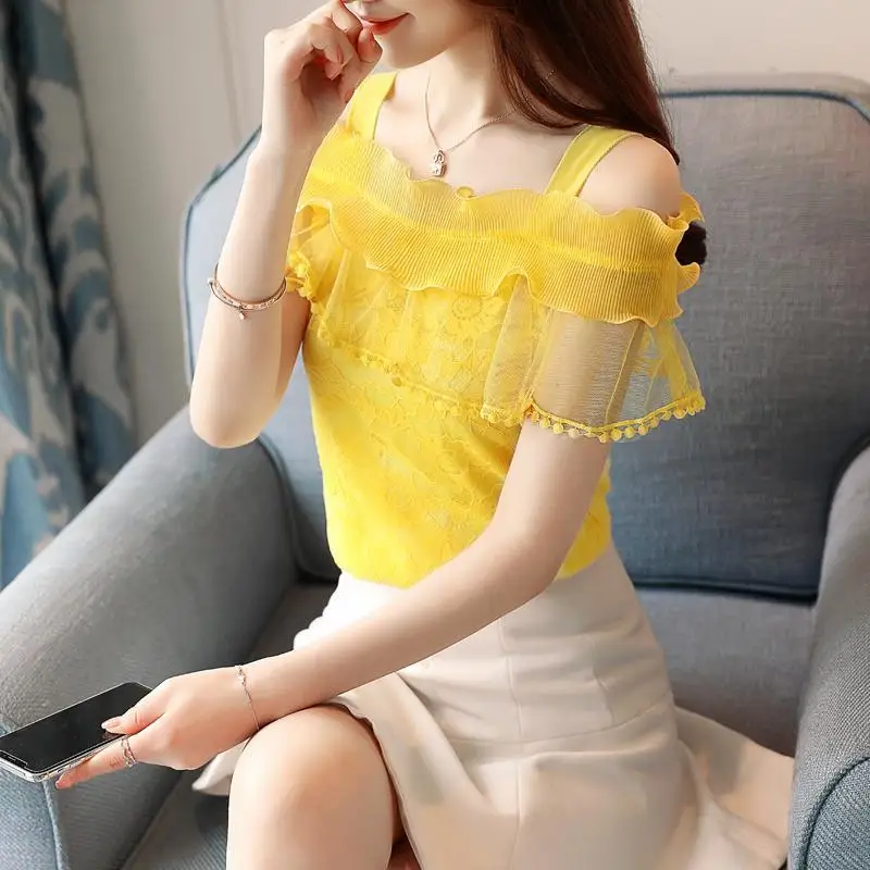 2024 New Summer Women Fashion Elegant Lace Floral Hollow Out T Shirts Tops Female Casual Solid Color Off Shoulder Ruffles Tee