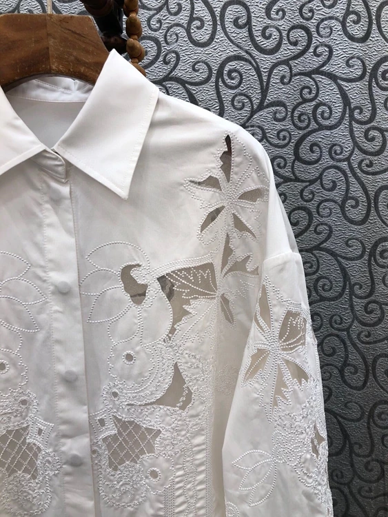 100%Cotton Shirts 2022 Spring Summer Designer Fashion Blouses Women Turn-down Collar Hollow Out Embroidery Casual White Shirts