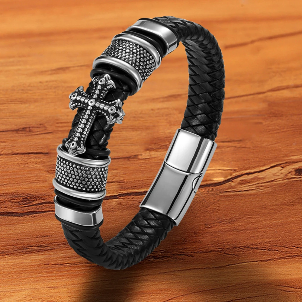 TYO Trendy Designer Stainless Steel Rope Woven Magnetic Genuine Leather Black Bracelet for Men Cross Braided Jewelry Accessories