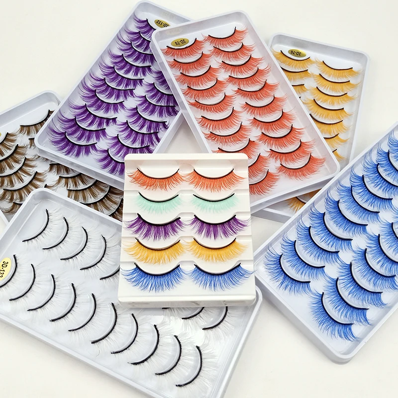 10Paris/Lot Rainbow Colorful Mink False Eyelashes White Bulk Red Purple Blue Colors Fake Lashes for Dolls Cosplay Makeup Cilias