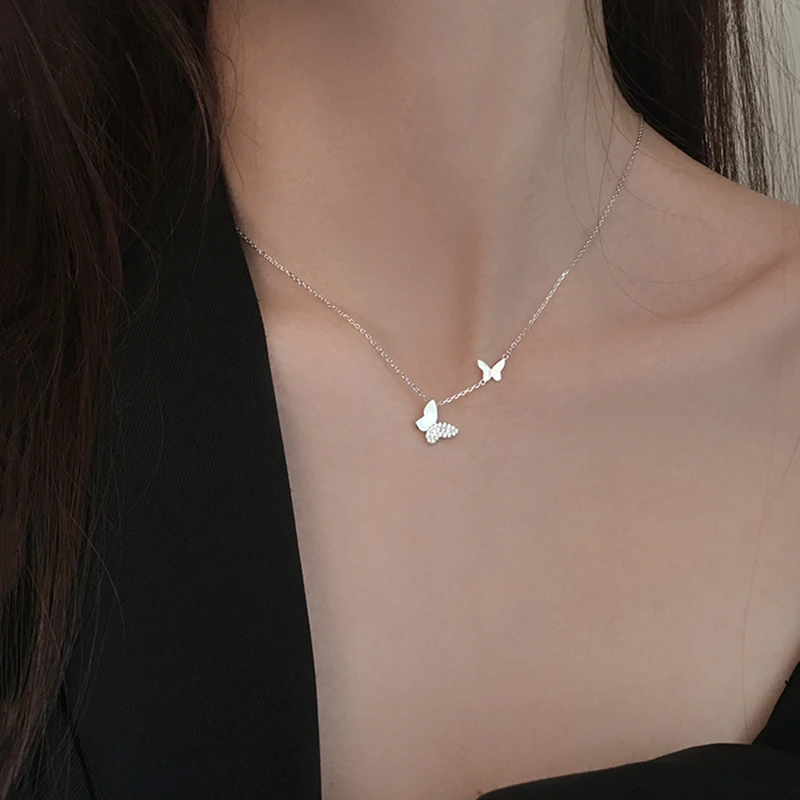 Big Small Two Butterfly Cubic Zirconia Silver Color Clavicle Chain Necklace For Women Ladies Korean Dainty Jewelry SN2310