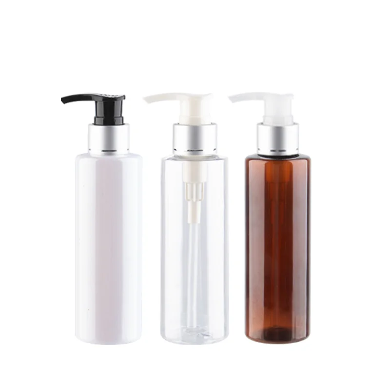 

200ml 30pcs Empty Lotion Pump Plastic Bottles With Aluminum Dispenser Shampoo Package White Amber Plastic Bottle For Liquid Soap