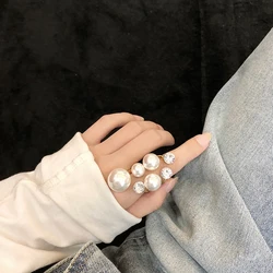 Elegant Retro Oversize Multi Pearl Rings for Women Lady Shiny Crystal Rhinestone Irregular Charm Open Rings Jewelry