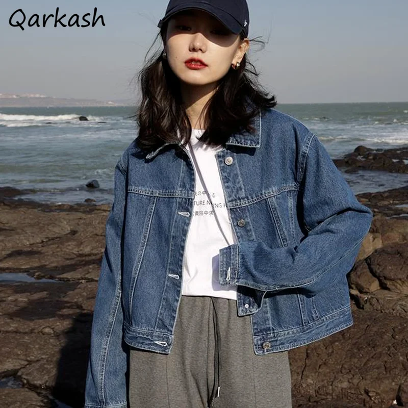 

Jackets Women Spring Fall Denim Ulzzang Baggy Solid Leisure Long Sleeve Trendy Vintage Ins Streetwear Cropped Female New Outwear