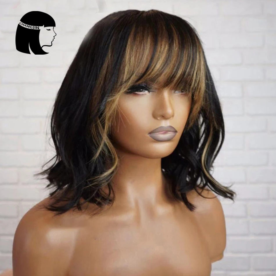 Highlight Honey Blonde Full Machine Made Wigs With Bangs #27 Color Remy Brazilian Short Bob Wavy Human Hair For Women 150Density