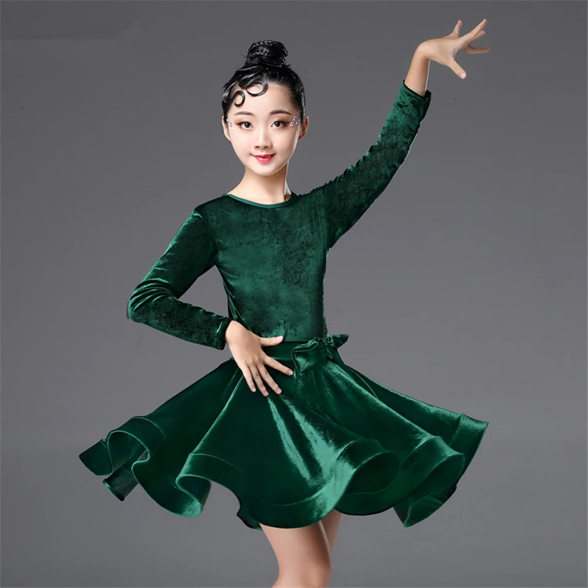 Latin Dance Kids Dresses for Girls Long Sleeve Dress Velvet Ballroom Competition Party Stage Performance Practice Costumes