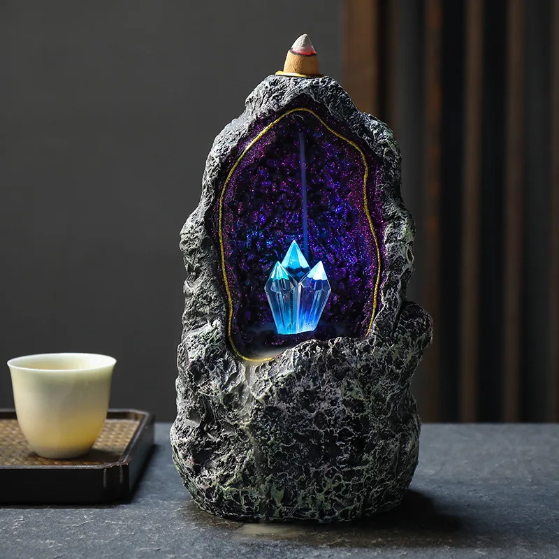 Creative Fantasy Crystal Cave LED Ornaments Backflow Incense Burner Waterfall Incense Cones Censer Decoration