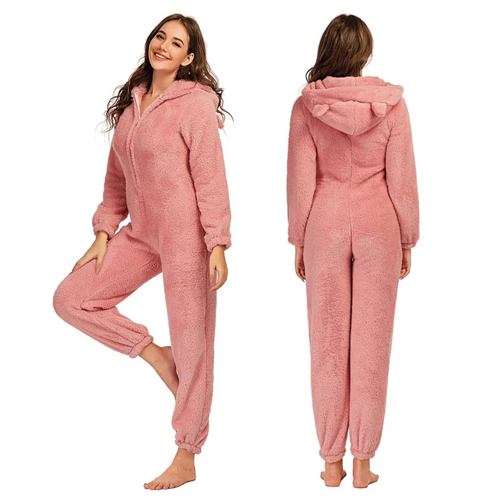 Women\'s Winter Warm Pyjamas Girls Onesies Fluffy Fleece Jumpsuits Nightwear Overall Hooded Sets Pajamas for Female Plus Size