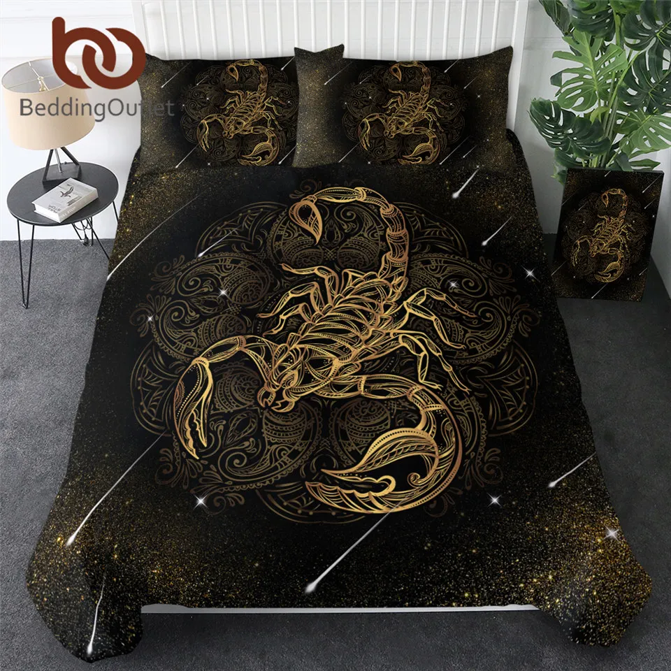 BeddingOutlet Gold Scorpion Bedding Set Queen Meteor Scorpio Duvet Cover Constellation Bed Set Bohemian Print Black Bedclothes