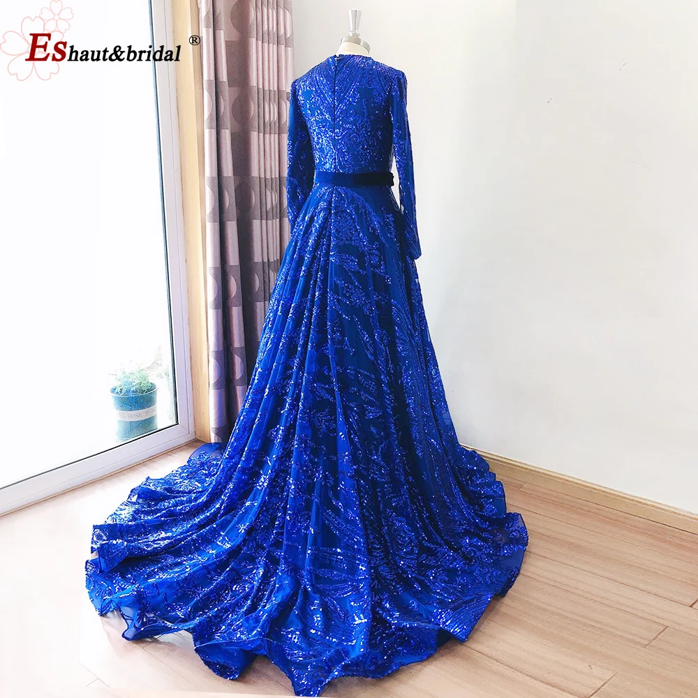 Elegant A-Line Evening Night Dress for Women Muslim 2023 Vintage O Neck Long Sleeves Sequins Formal Prom Wedding Party Gowns