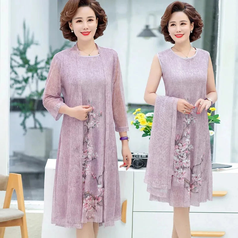 Summer Chiffon Women Two Piece Dresses 2021 New XL-5XL Middle Aged Loose Vintage Female Dresses Half Sleeve Fashion Dresses