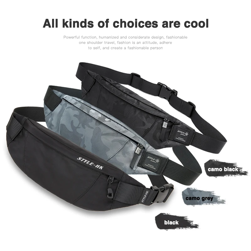 Hk Men Male Casual Fanny Bag Waist Bag Money Phone Belt Bag Pouch Camouflage Black Gray Bum Hip Bag Shoulder Belt Pack