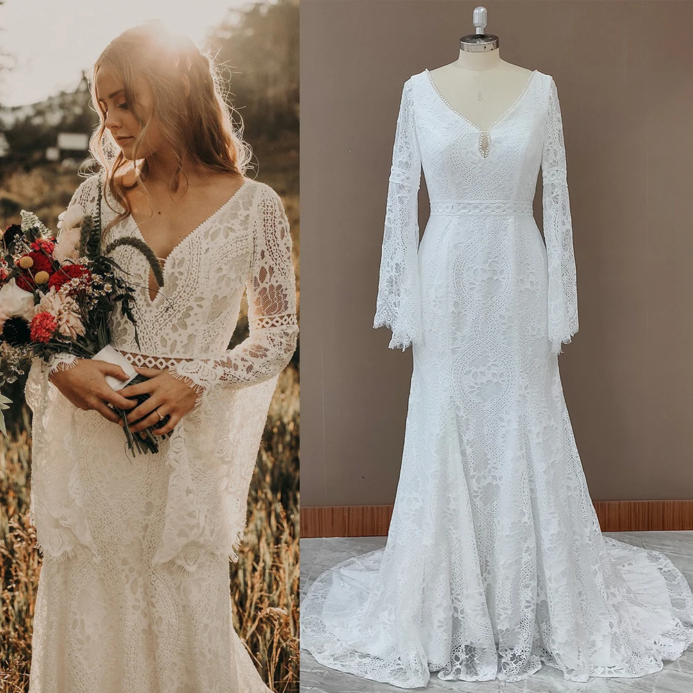 

Beach Boho Long Sleeves Wedding Dress V Neck Custom Made Plus Size Backless 2024 Cut Out Lace Destination Elopement Bridal Gown