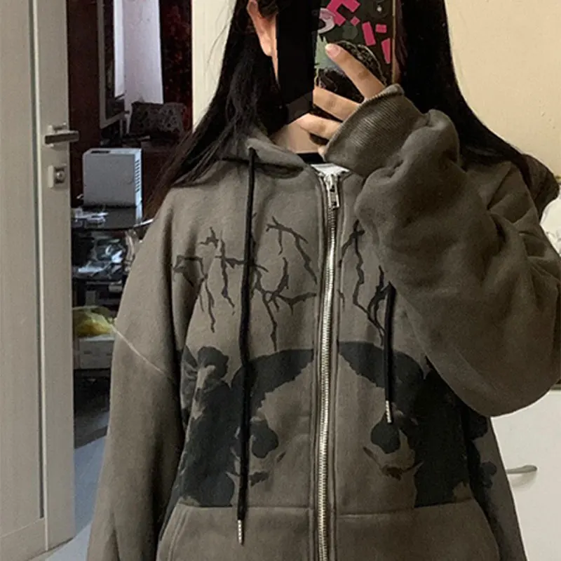 Women Retro Angel Print Hooded Jacket Men Zip Up Long Sleeve Pocket Autumn Winter Streetwear Coat Y2K Aesthetic Oversized Hoodie