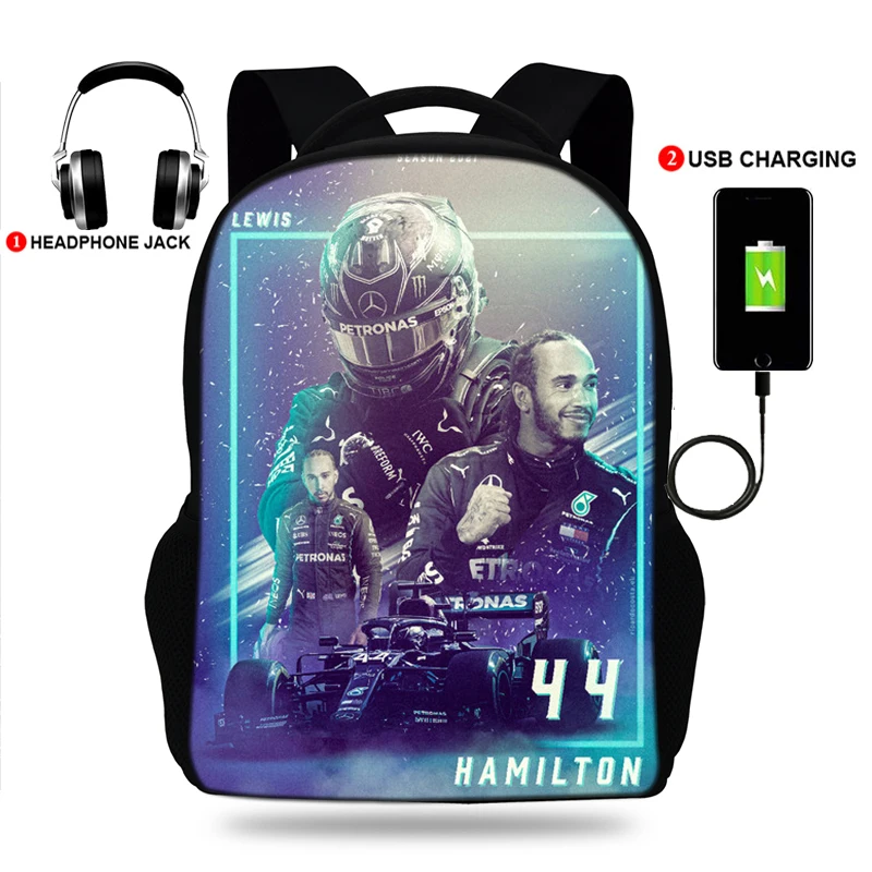 USB Charger School Bags for Teenage Boys &Girls F1 Racer F1 Formula World Champion Print Backpack Mens Laptop  Travel Rucksack