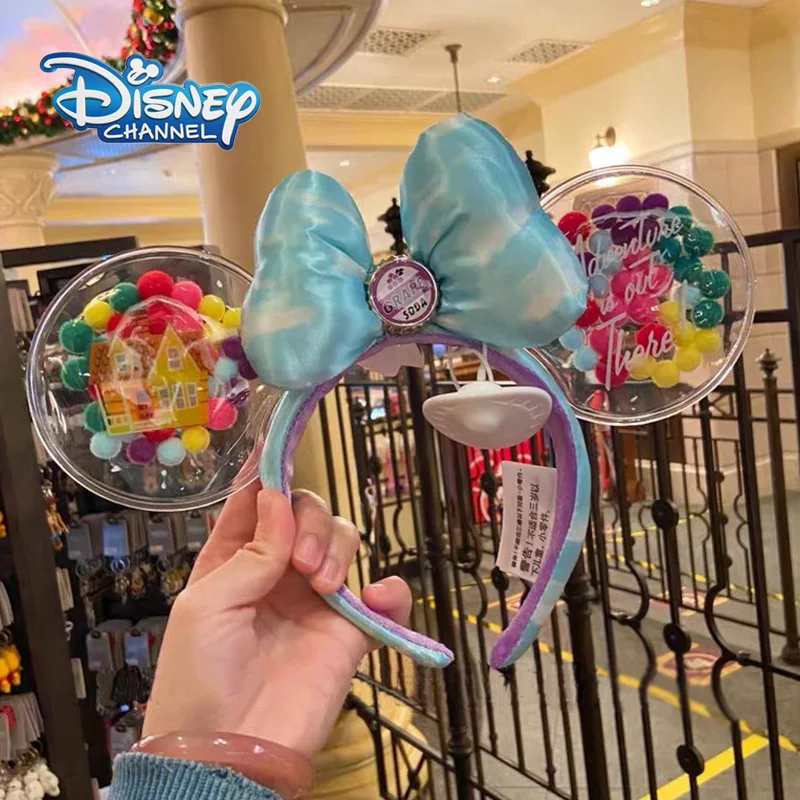 New Disney UP Air Cushion Headband Mickey Ears Disneyland Cartoon Blue Sky “GRAPE SODA” Badge Plush Headwear Decoration Gift