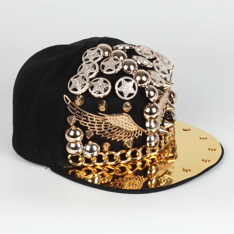 Wholesale European and American Punk Style Rivets Flat Eaves metal brim rebound Hip-Hop Snapback Cap Sports Hats