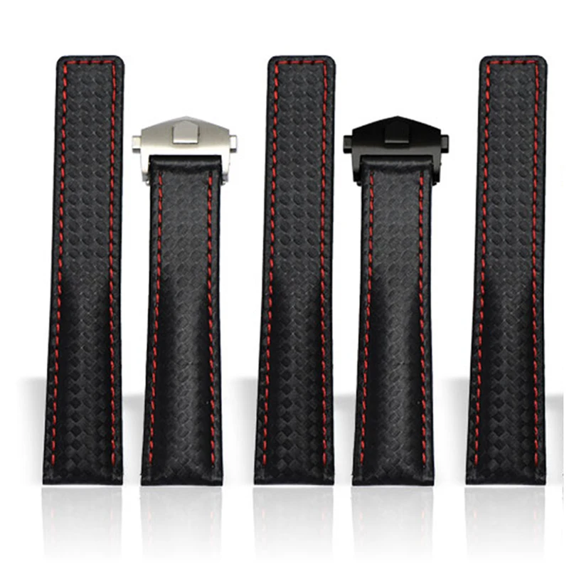 For TAG heuer  watchband Carbon fiber texture cow leather bottom BLACK RED wristband men\'s strap 20mm 22mm with folding buckle