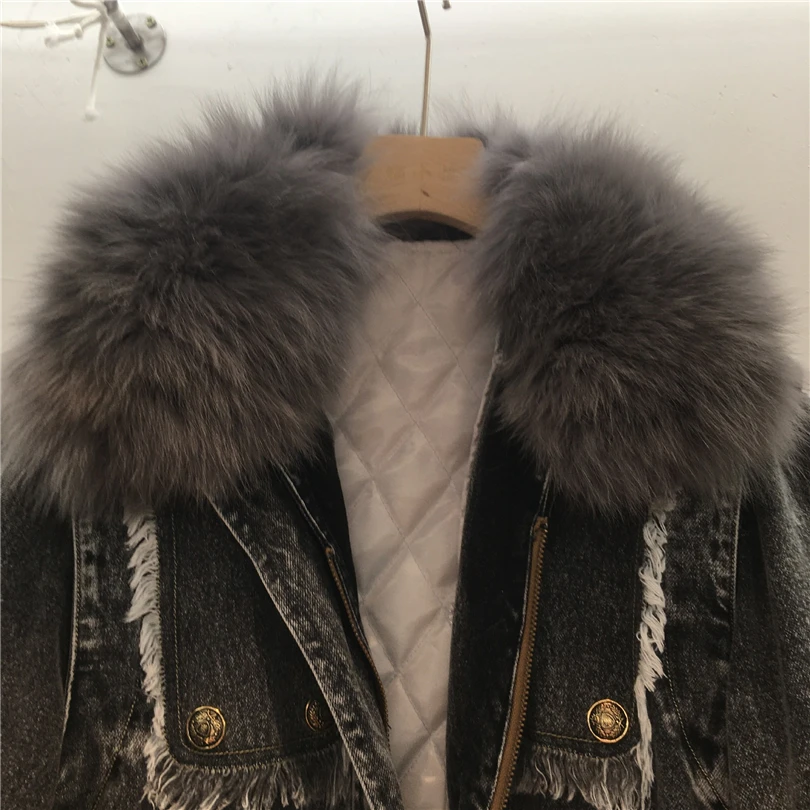 2023 winter new chic patchwork real fox fur denim jacket female thick warm fur parka metal buttons raw edge chain padded jacket