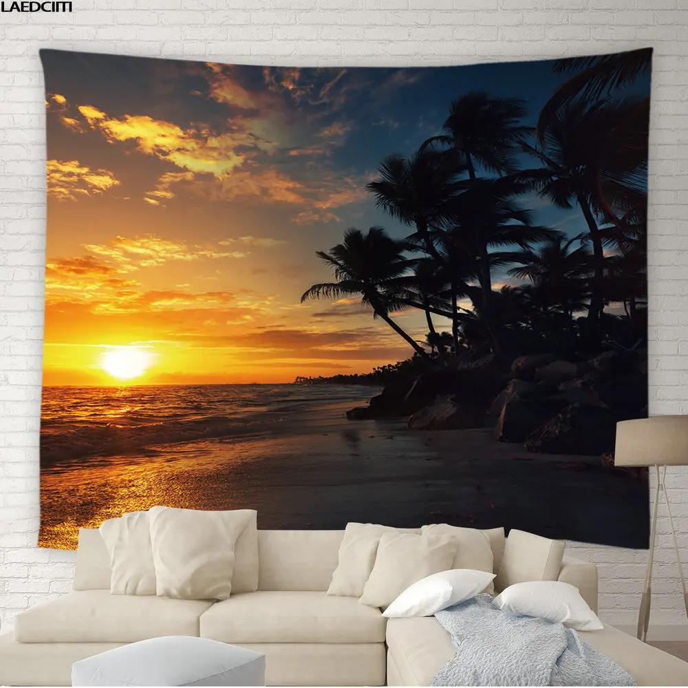 Ocean Landscape Tapestry Natural Scenery Wall Hanging Cloth Beach Sunset Palm Trees Bohemia Background Home Decor Big Tablecloth