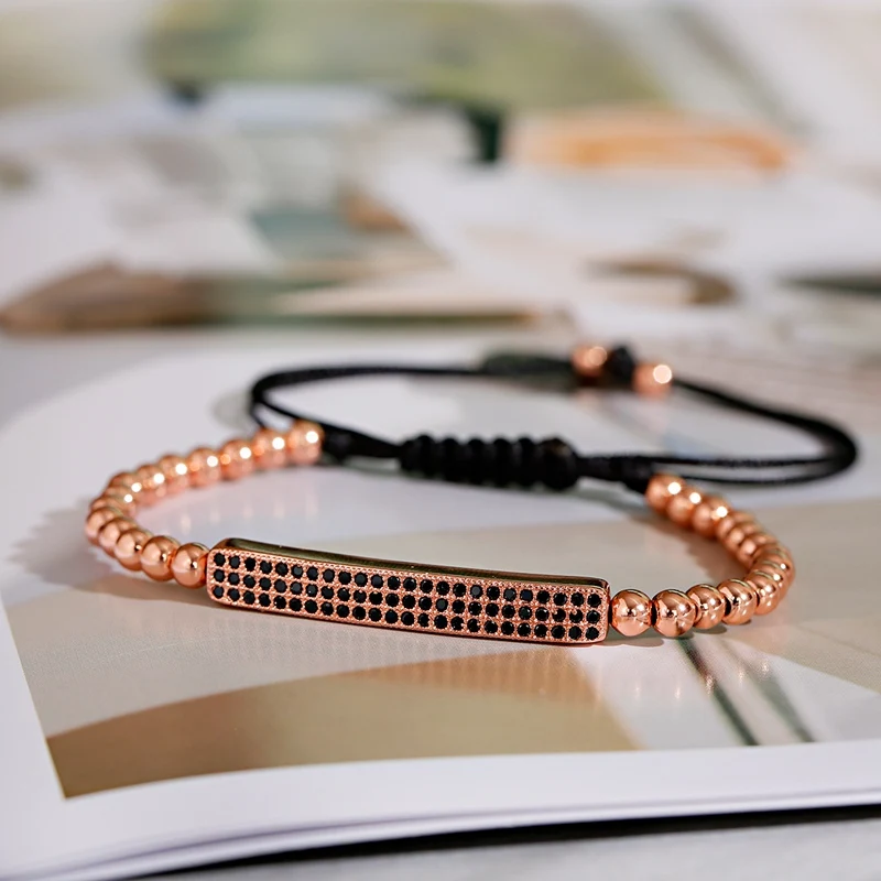 4 Color CZ Long Strip Charm Bracelet Homme Classic Micro Pave Setting Braiding Men Women Macrame Copper Bead Bracelet