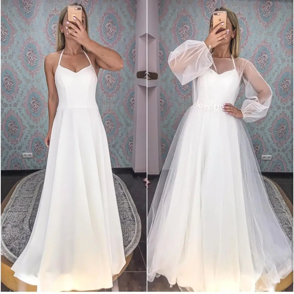 Wedding Dress 2 In 1 Long Sleeve Puff Tulle Court Train Sweetheart Bridal Gowns With Belt Robe De Mariee Detachable