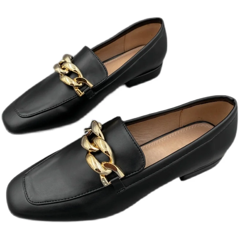 

Brisith Style Black Leather Women Oxfords Spring Autumn Flat Shoes Woman Metallic Chains Slip On Loafers Ladies Moccasins Flats