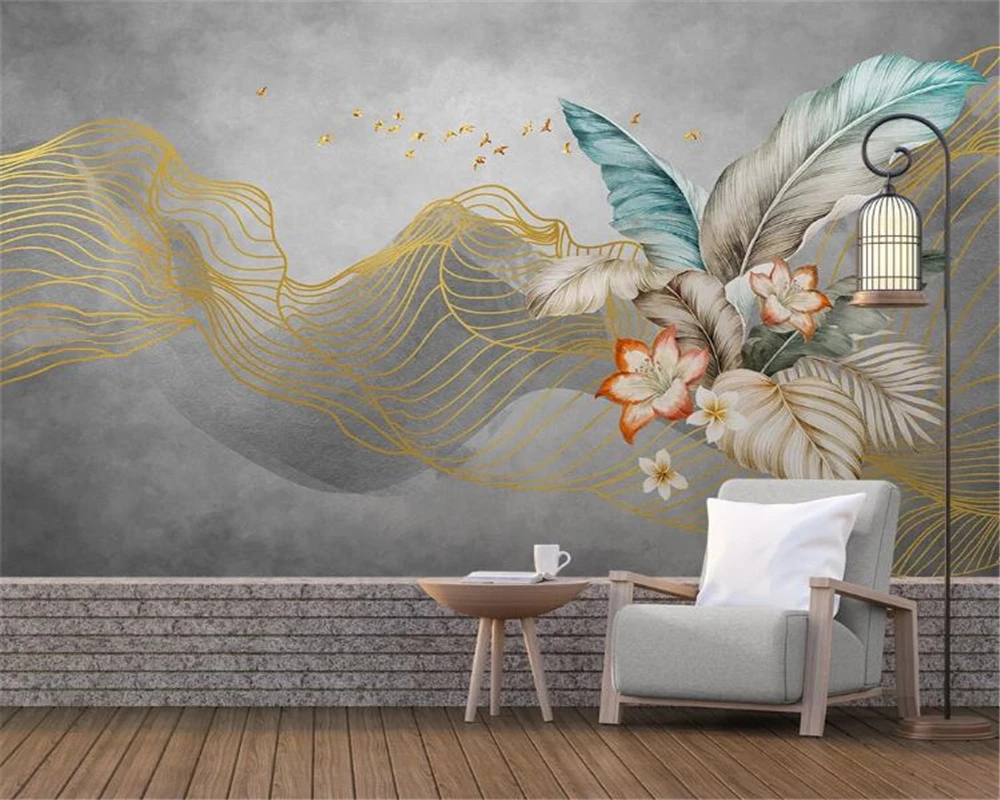 

Modern photo wallpaper Abstract hand-painted gold lines landscape tropical plants bedroom background wall painting wallpaper