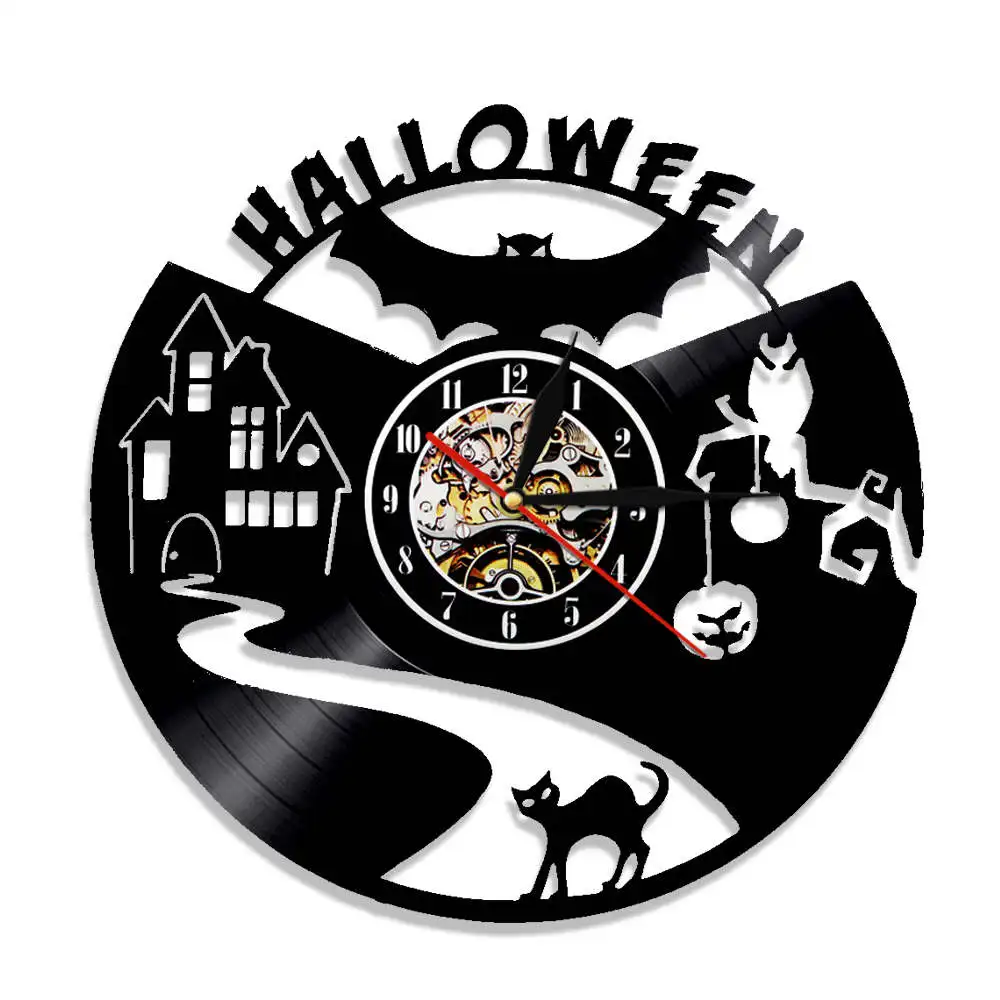 Halloween Vinyl Record Wall Clock Vampire Bats Home Decor Wall Clock Black Cat Silhouette Decorative Wall Clocks Modern Wall Art