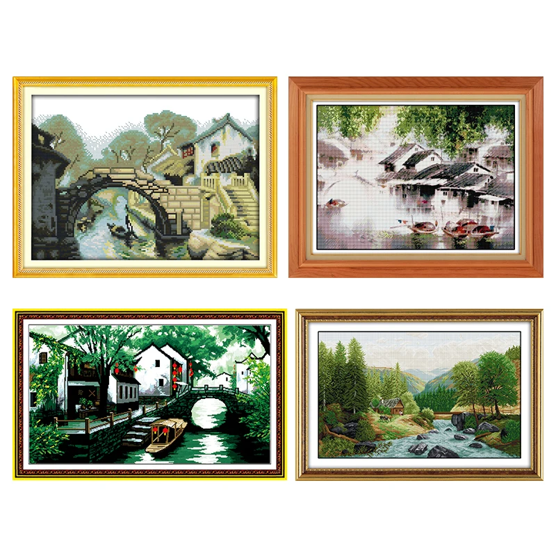 

Joy Sunday Embroidery Needlework Set Stamped Cross-Stitch Kits Print 11CT 14CT Counted Crafts Memory of Jiangnan Home Decor Gift