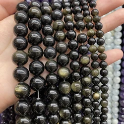 Natural Gold Color Obsidian Stone Beads Round Loose Bead Diy Charm Bracelet Accessories For Jewelry Making 4 6 8 10 12mm 15