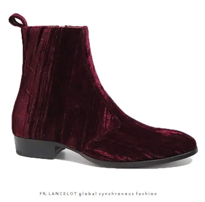 Wine Color Velvet Top Quality Fashion Boy Men Chelsea Boots Ankle Boots Flats Side Zipper Euro size 45 46 shoes women